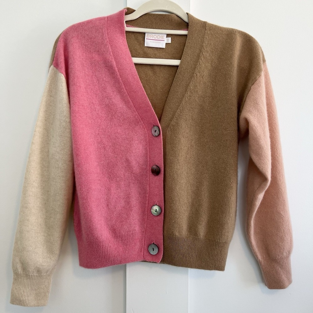 Brodie Color-block Cardigan 100% Cashmere Size Extra Small Pink Brown Preppy